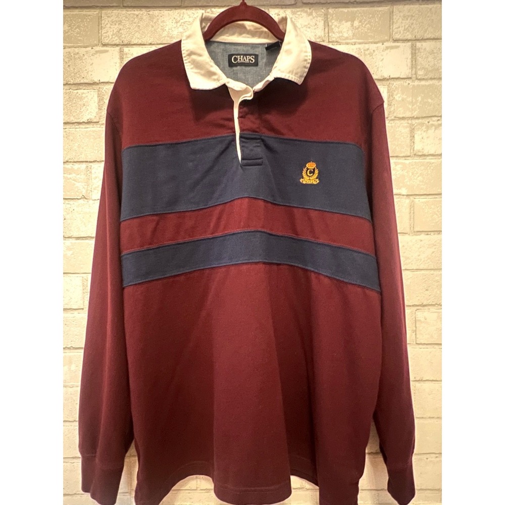 Chaps Mens Rugby Shirt Long Sleeve Burgundy‎ Navy Blue Striped Crest Logo XL